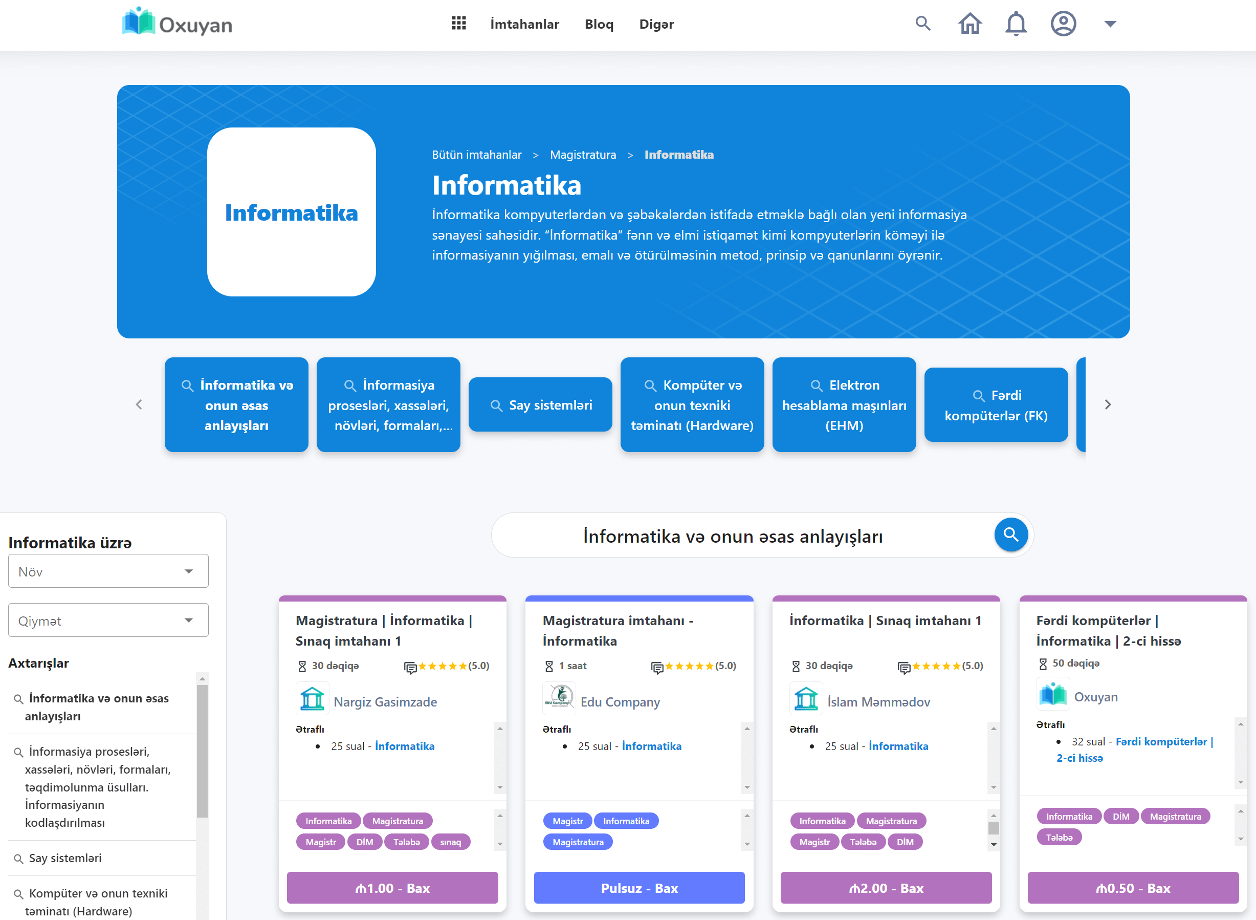 online informatika testleri, onlayn informatika sınaq imtahanları